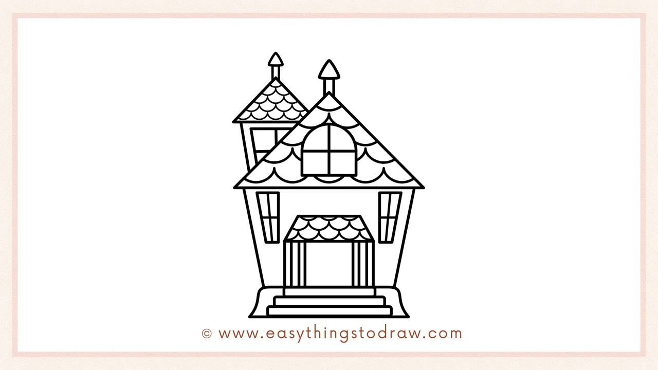 Step 4 of step-by-step cute haunted house sketch – Adding a smaller roof tower with scallop tiles on the left side.