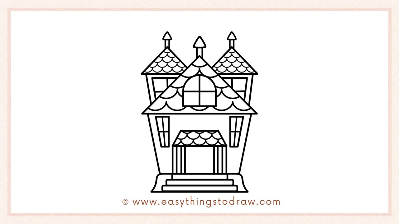 Step 5 of easy cute haunted house drawing steps – Drawing another roof tower on the right side to balance the design.