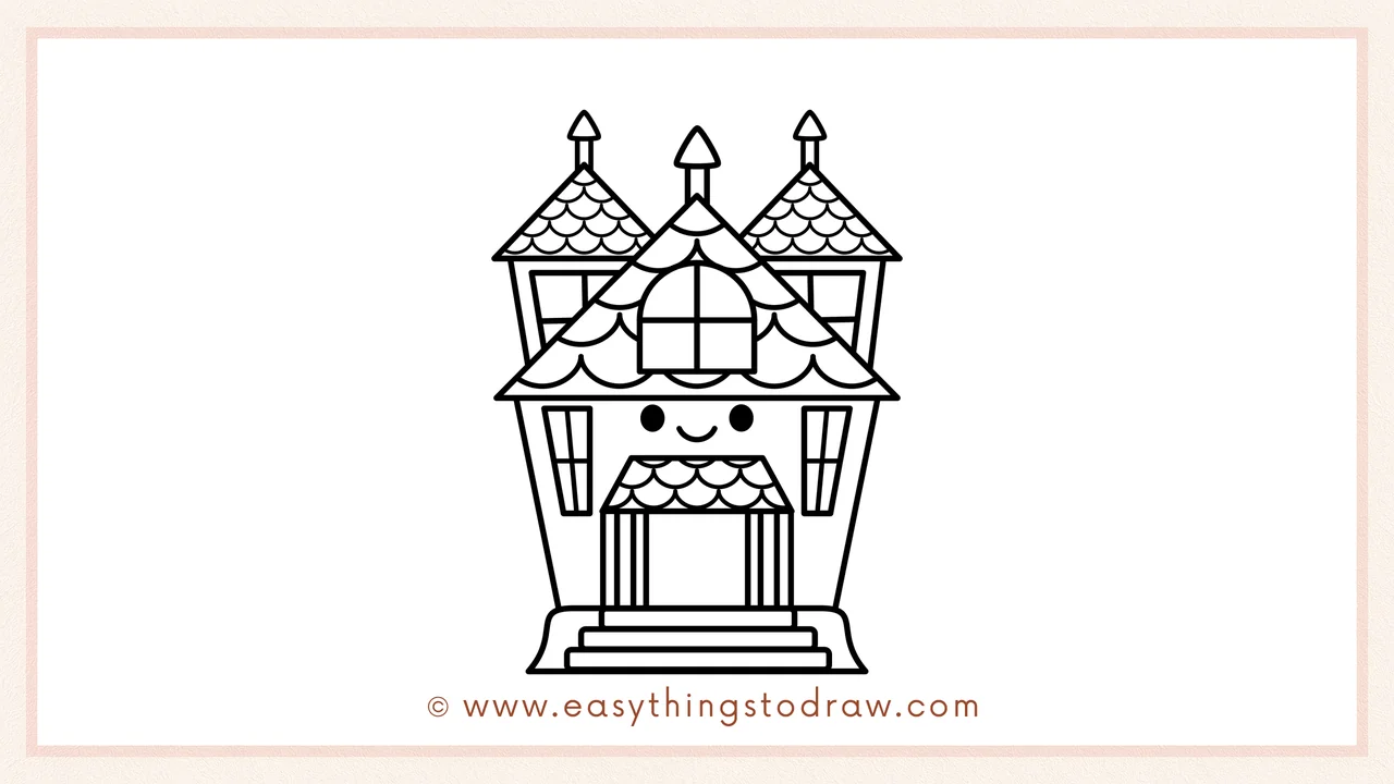 Step 6 of simple cute haunted house drawing tutorial – Giving the house two big round eyes and a sweet smile.