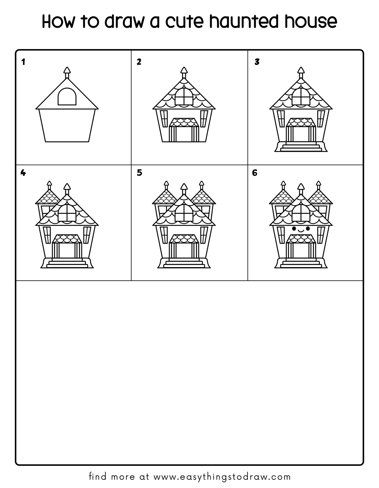 Step-by-step drawing tutorial showing how to draw a cute haunted house in 6 easy steps, perfect for kids and beginners.