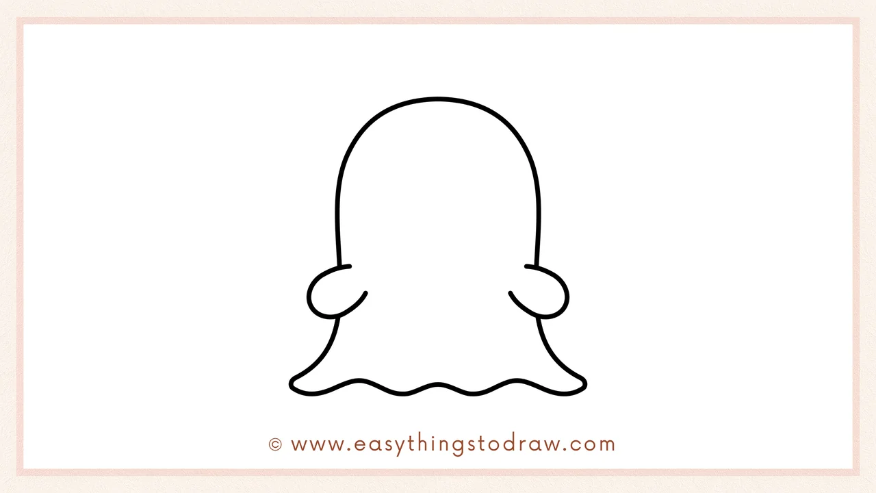 Step 5 of easy ghost drawing steps – Completing the ghost's outline by drawing a large rainbow curve for the head.
