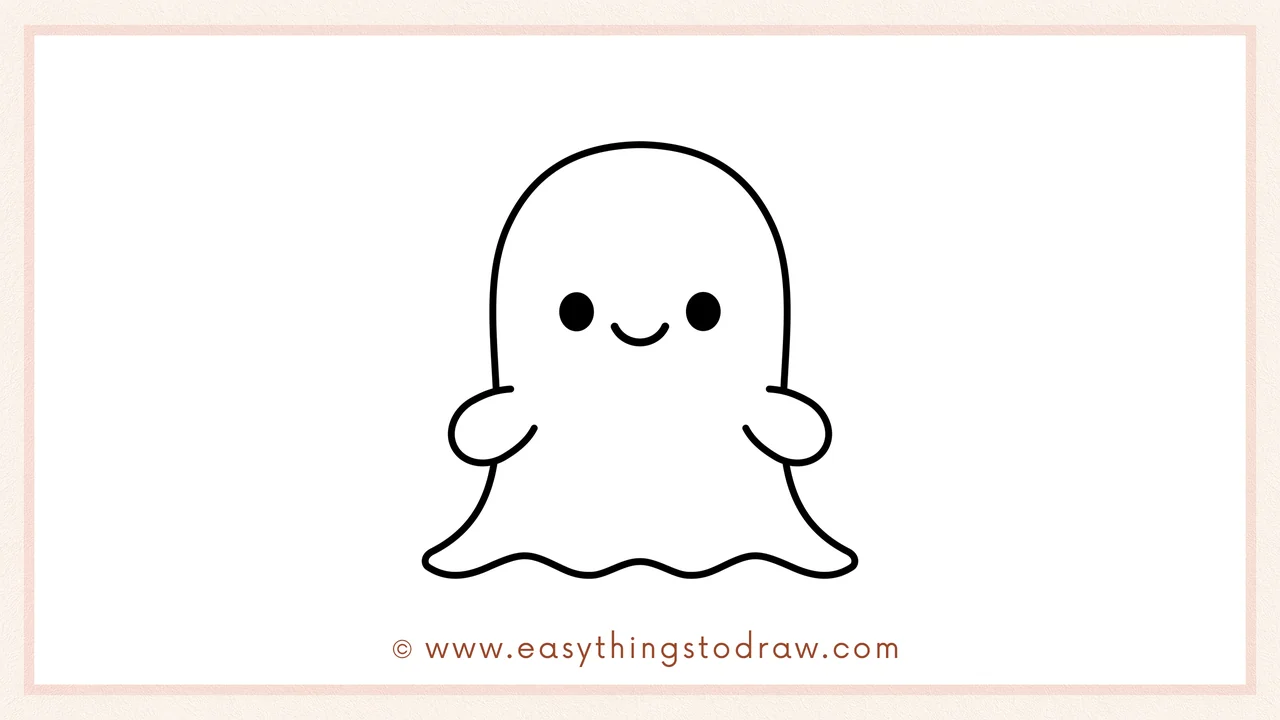 Step 6 of simple ghost drawing tutorial – Giving the ghost a cute face with two round eyes and a small smiling mouth.