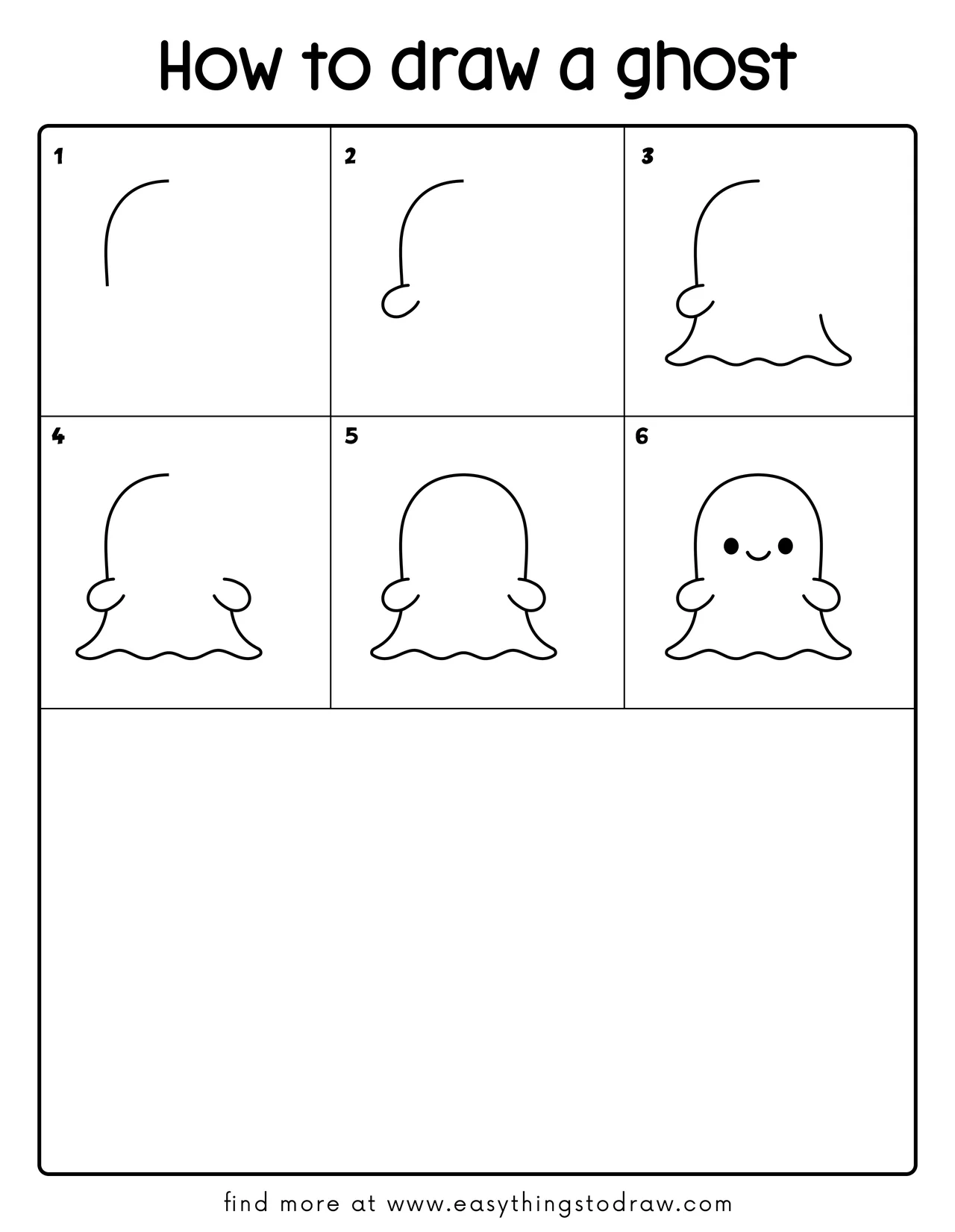 Step-by-step drawing tutorial showing how to draw a cute ghost in 6 easy steps for kids and beginners.