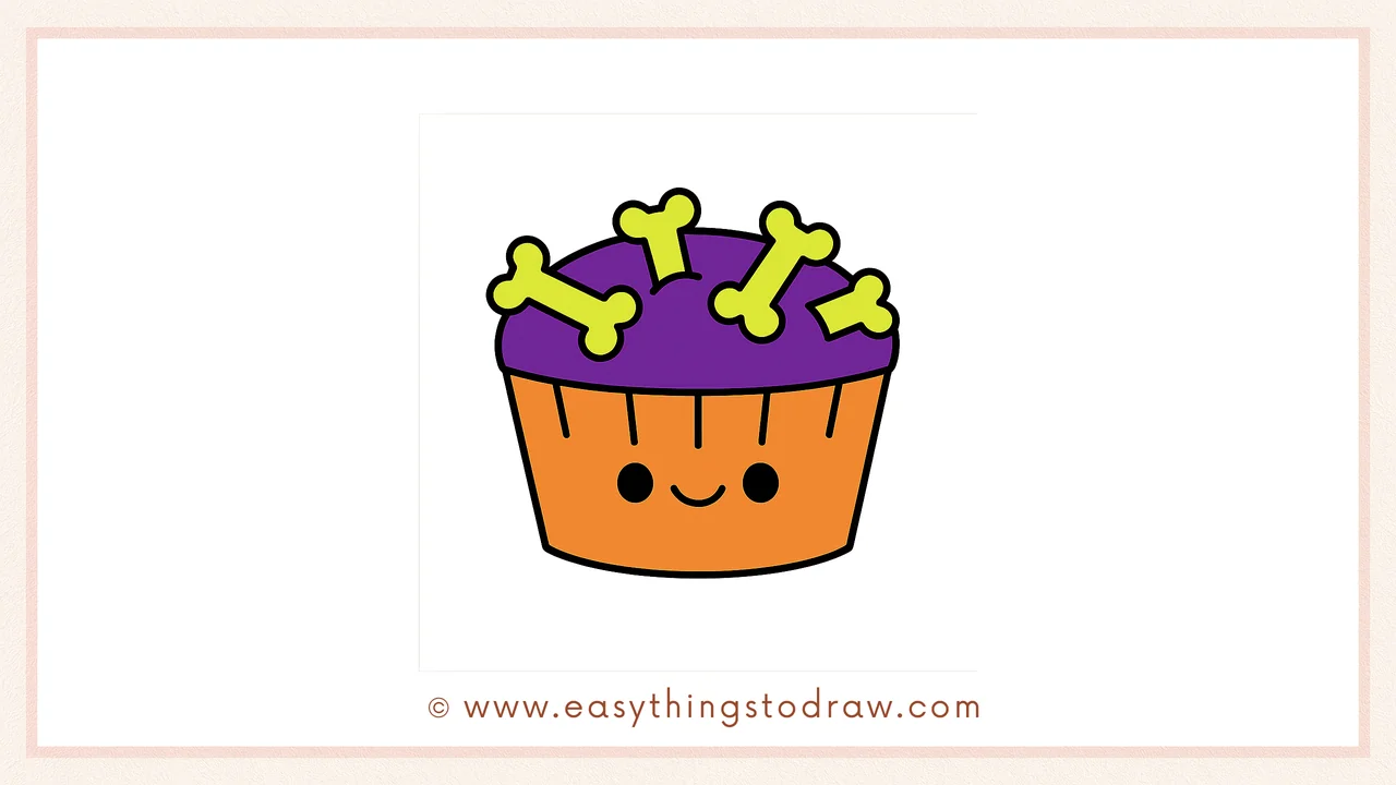 Cute cartoon Halloween cupcake: final colored drawing with bones, smiley face. Spooky-sweet art for kids.