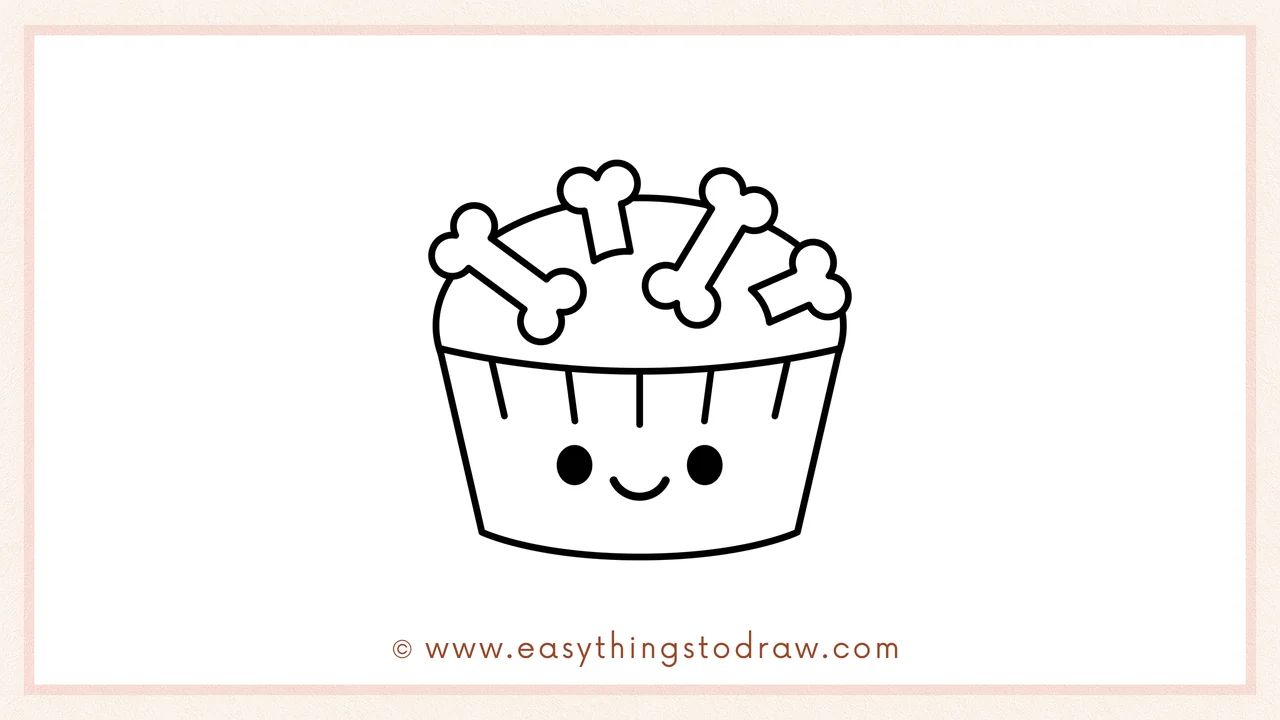 Step 6 of simple Halloween cupcake drawing tutorial – Drawing two round eyes and a curved smile on the wrapper.