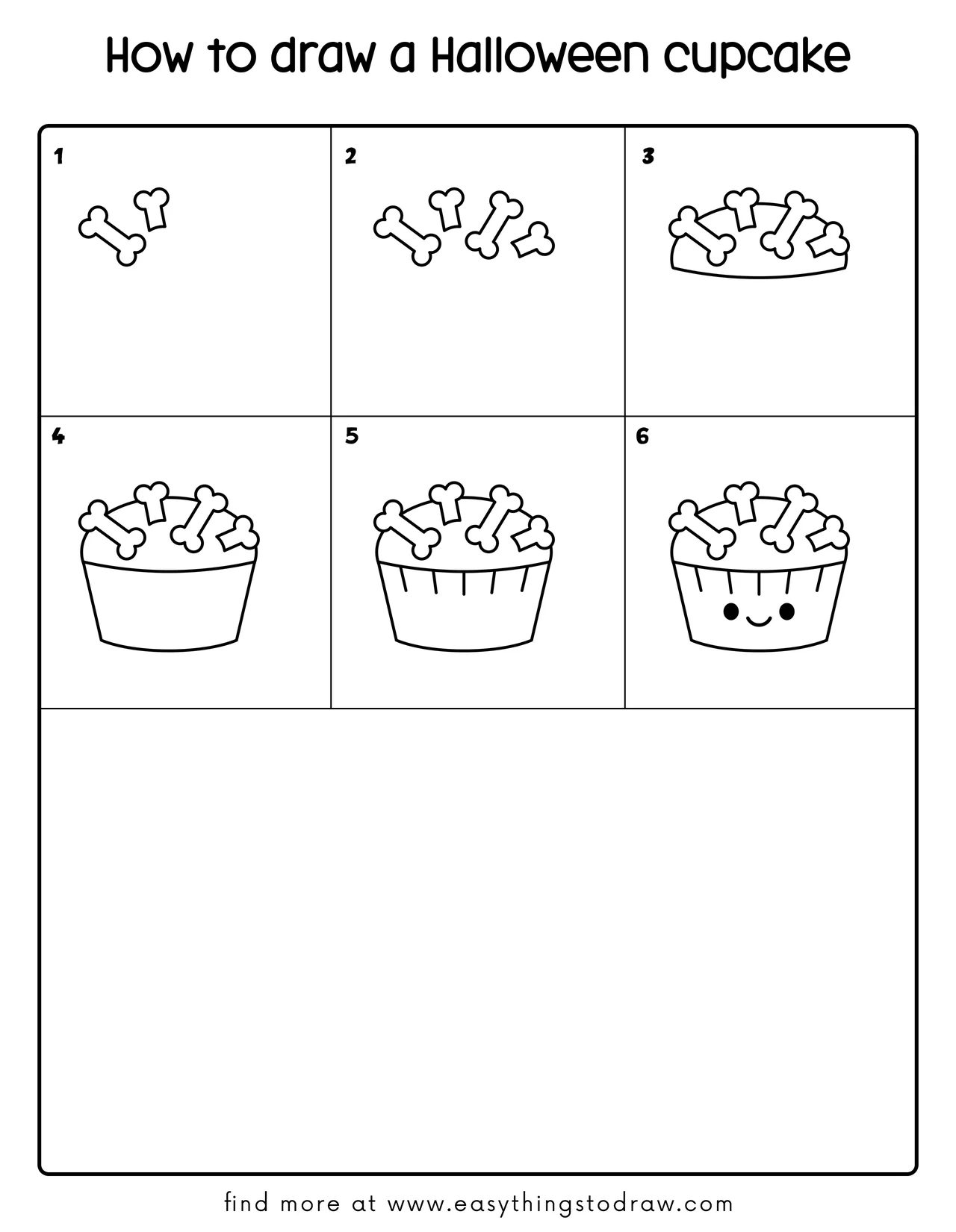 Step-by-step tutorial: draw a cute Halloween cupcake in 6 easy steps. Ideal for kids & beginners.