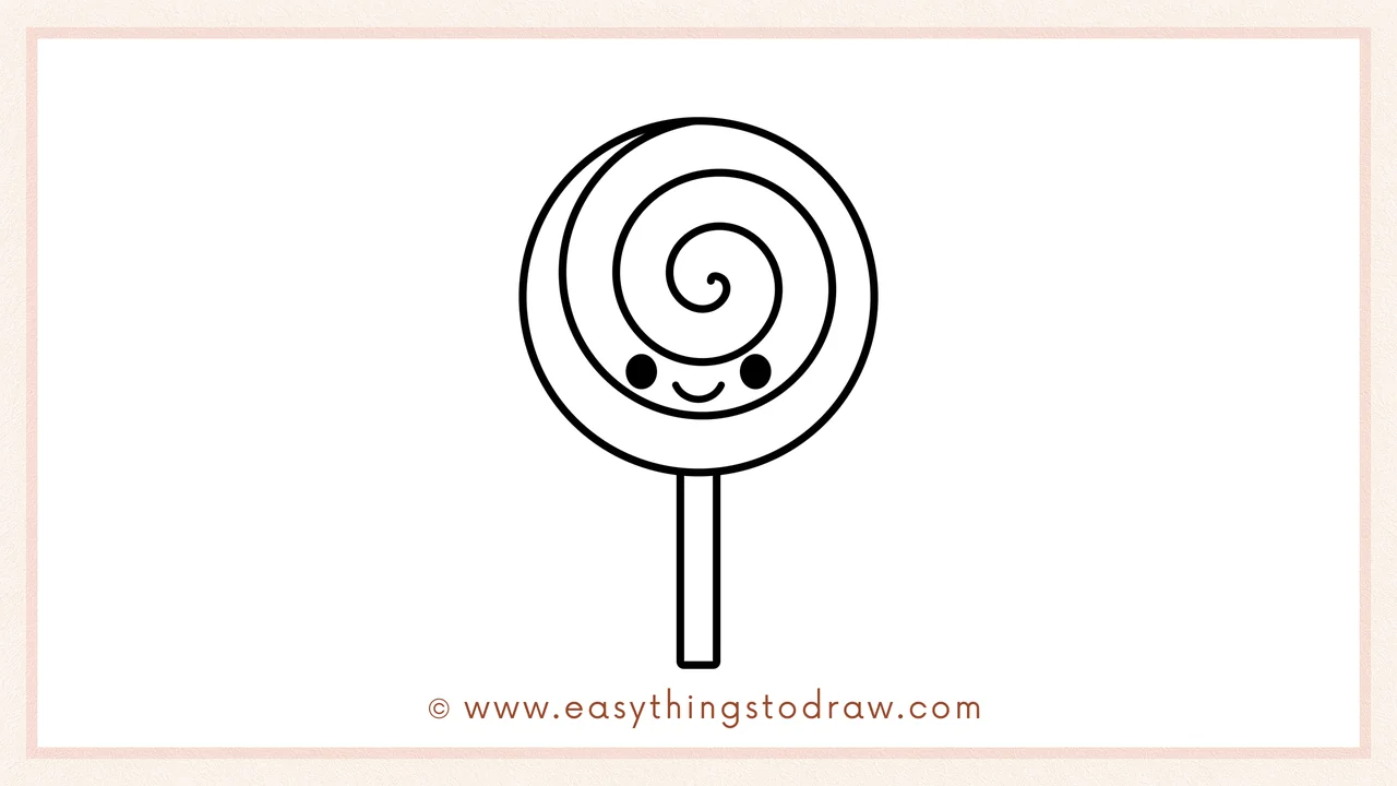 Step 6 of simple halloween lollipop drawing tutorial – Adding two big eyes and a smiling mouth to the lollipop.