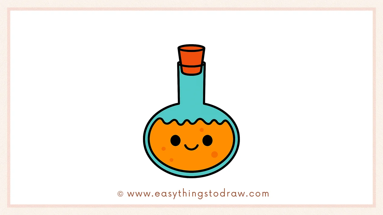 Final colored drawing of a cute Halloween potion bottle with a friendly smile, bubbly green potion, and a cork stopper, ideal for kids' art projects.