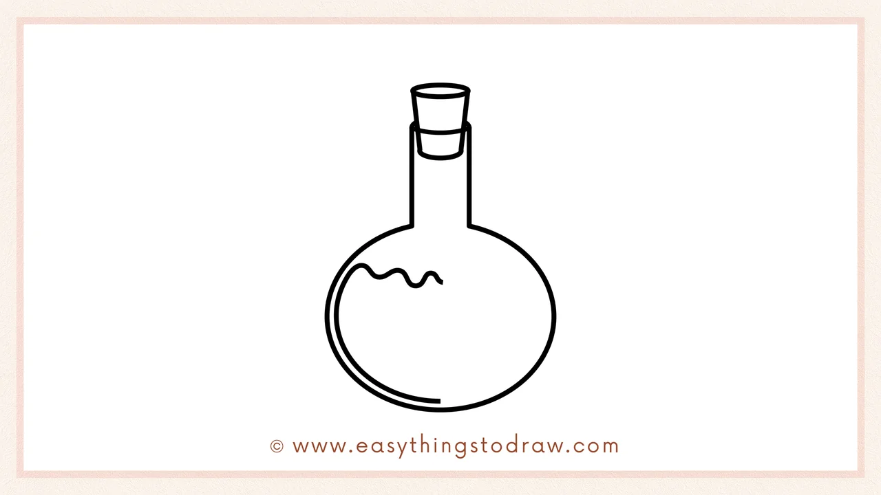 Step 4 of step-by-step halloween potion sketch – Adding a wavy liquid line and a curved bottle rim.