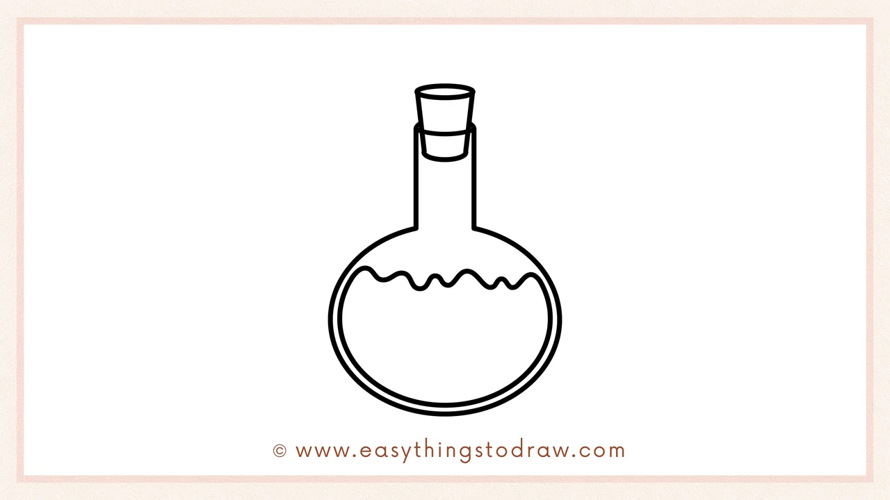 Step 5 of easy halloween potion drawing steps – Extending the wavy line across the bottle to show full potion.