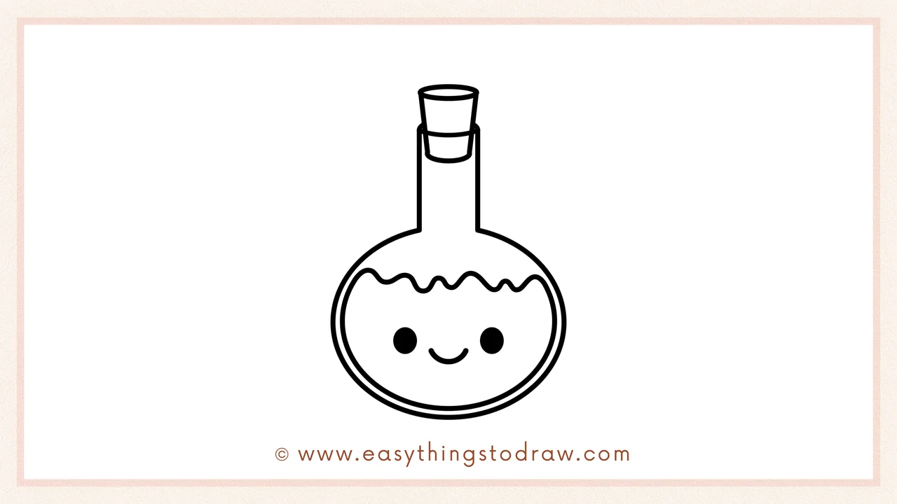 Step 6 of simple halloween potion drawing tutorial – Adding two round eyes and a smiling mouth for a cute face.