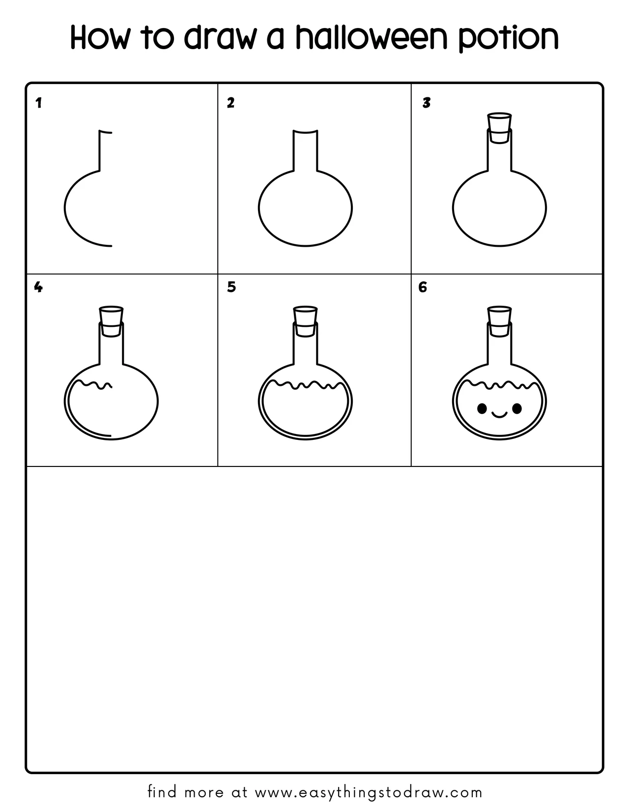 Step-by-step drawing tutorial grid showing 6 easy steps to draw a cute Halloween potion, perfect for kids and beginners.