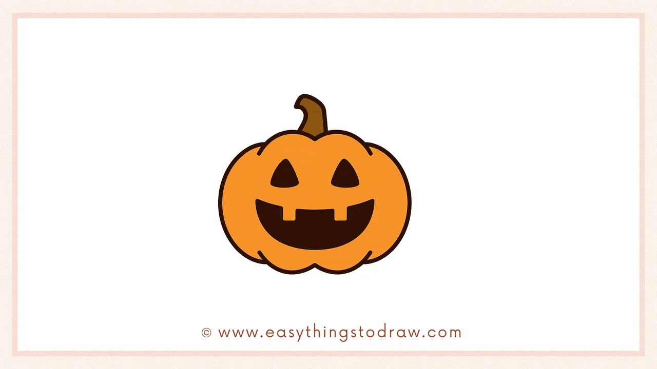 Final colored drawing of a cute cartoon jack-o'-lantern with triangle eyes, a toothy smile, and a twisty stem, perfect for Halloween.