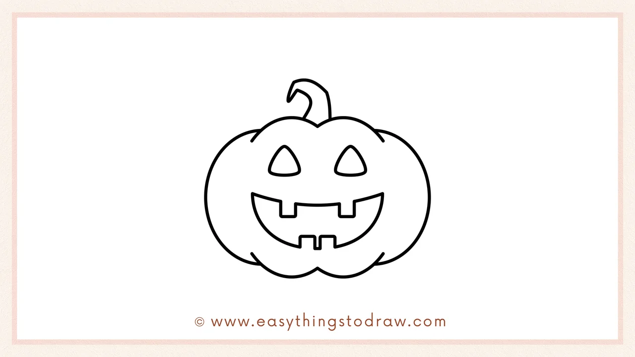 Step 6 of simple jack-o'-lantern drawing tutorial – Sketching a big smile with square teeth.