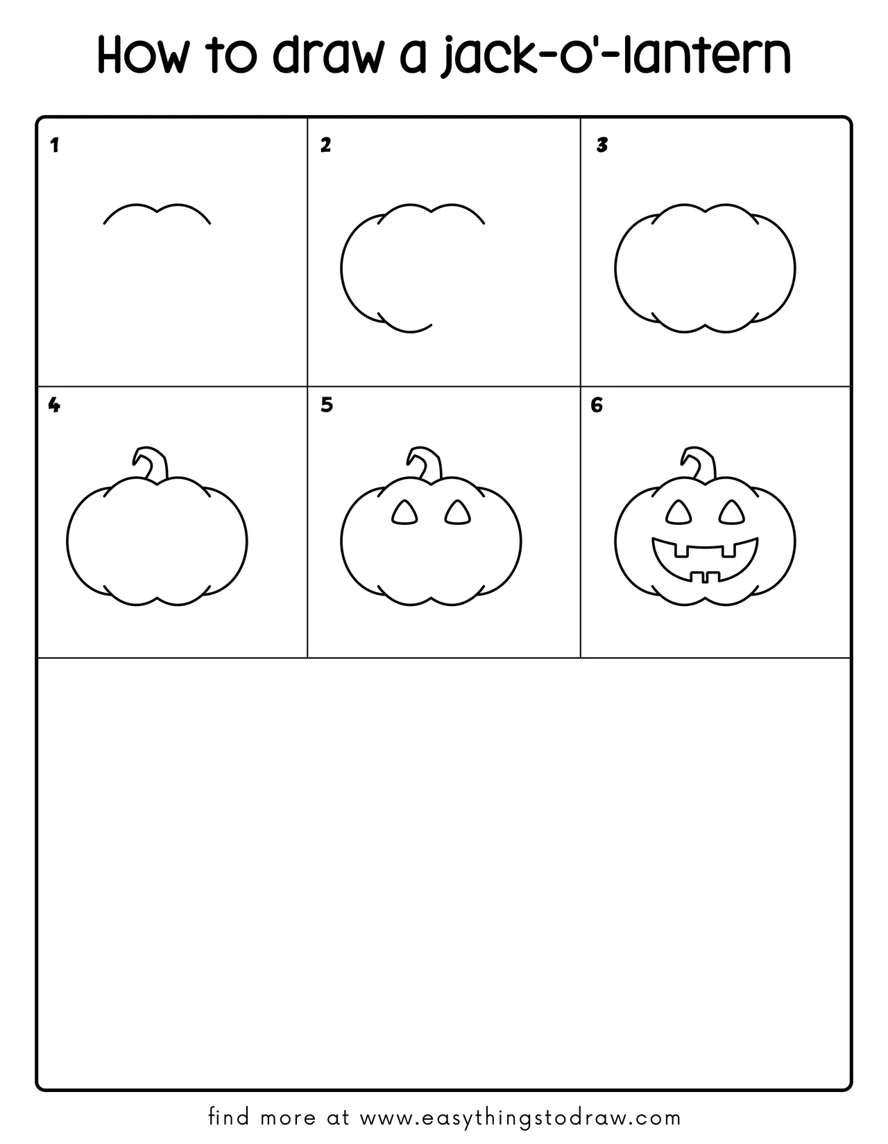 Step-by-step drawing tutorial showing how to draw a cute jack-o'-lantern in 6 easy steps for kids and beginners.