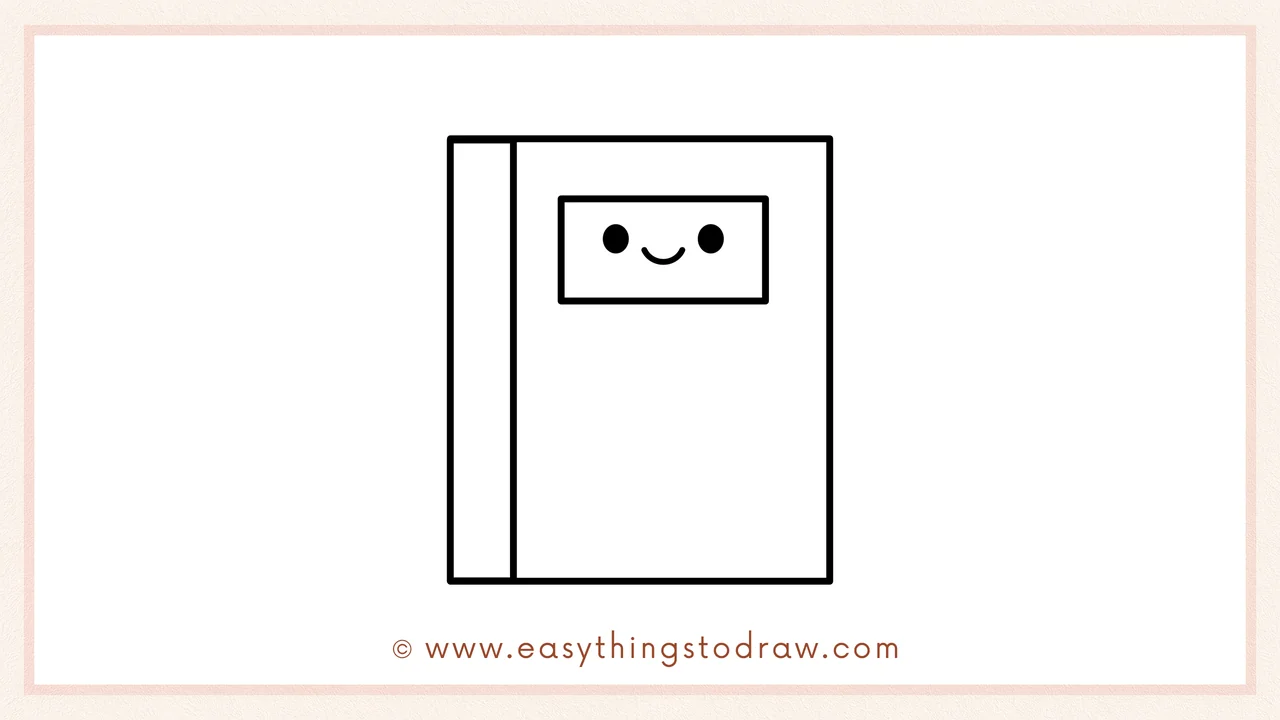 Step 6 of simple notebook drawing tutorial – Drawing two dots for eyes and a curved smile inside the label.