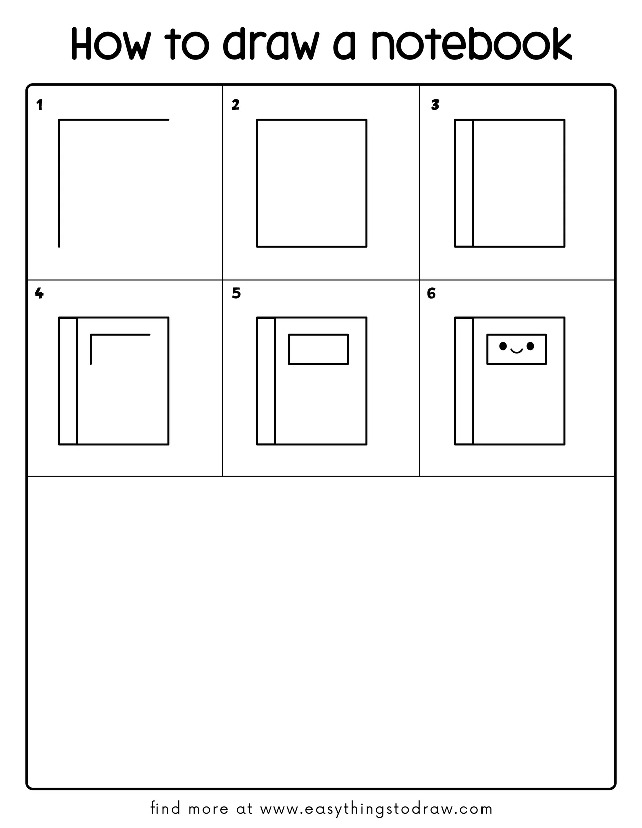 Step-by-step drawing tutorial showing how to draw a cute notebook in 6 easy steps for kids and beginners.