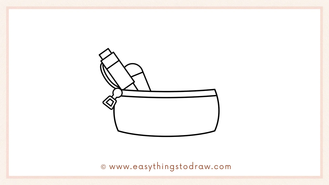 Step 4 of step-by-step open pencil case sketch – Adding tops of a ruler, eraser, and marker on the left side.