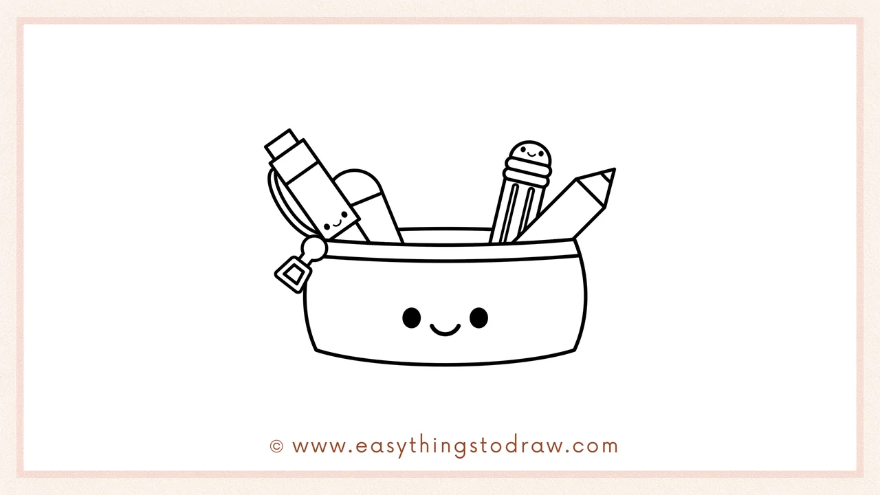 Step 6 of simple open pencil case drawing tutorial – Adding two dot eyes and a smiley face to the case body.
