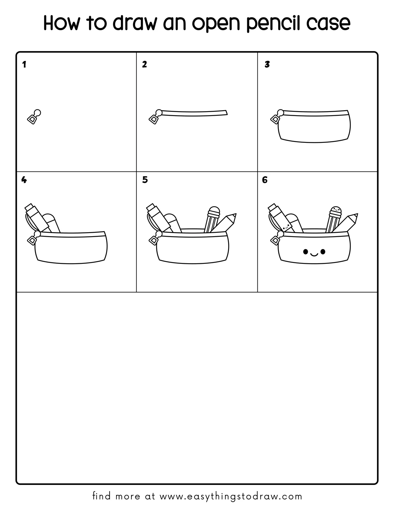 Step-by-step drawing tutorial showing how to draw a cute open pencil case in 6 easy steps for kids and beginners.