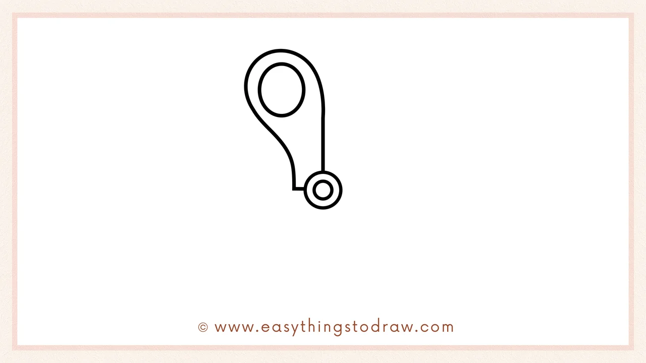 Step 2 of drawing a cute pair of scissors in steps – Sketching a curvy shape upward from the screw, ending in an oval loop for the first handle.