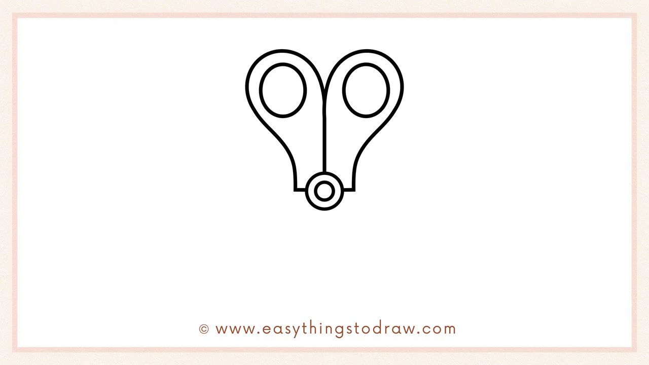 Step 3 of easy cartoon pair of scissors drawing guide – Adding a matching handle loop on the other side, connecting to the central screw.
