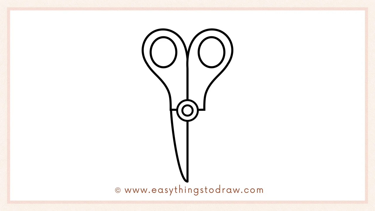 Step 4 of step-by-step doodle of a pair of scissors – Drawing a long, curved shape downward from the screw for the first blade, ending in a gentle point.