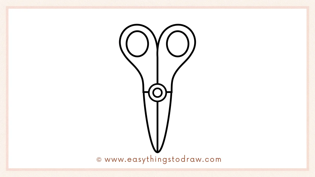 Step 5 of how beginners can draw a pair of scissors – Adding the second blade next to the first, curving to meet at a sharp tip to complete the scissor shape.