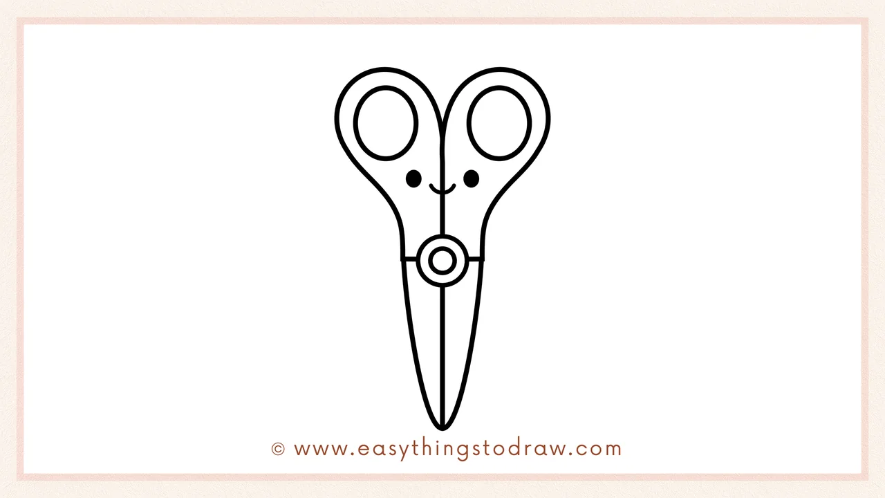 Step 6 of simple black and white pair of scissors drawing steps – Adding two dot eyes and a smiling mouth below the handle loops for a cute expression.