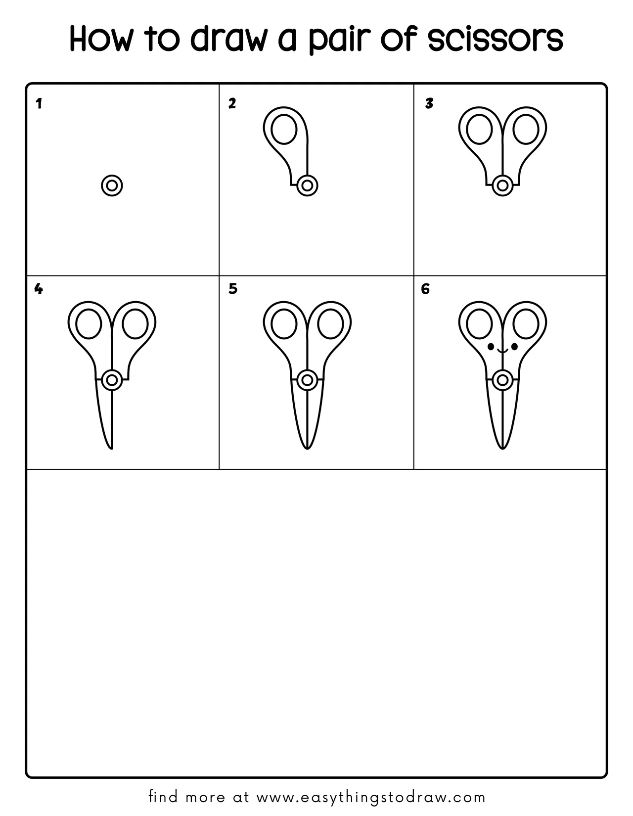 Step-by-step drawing tutorial showing how to draw a cute cartoon pair of scissors in 6 easy steps, perfect for kids and beginners.
