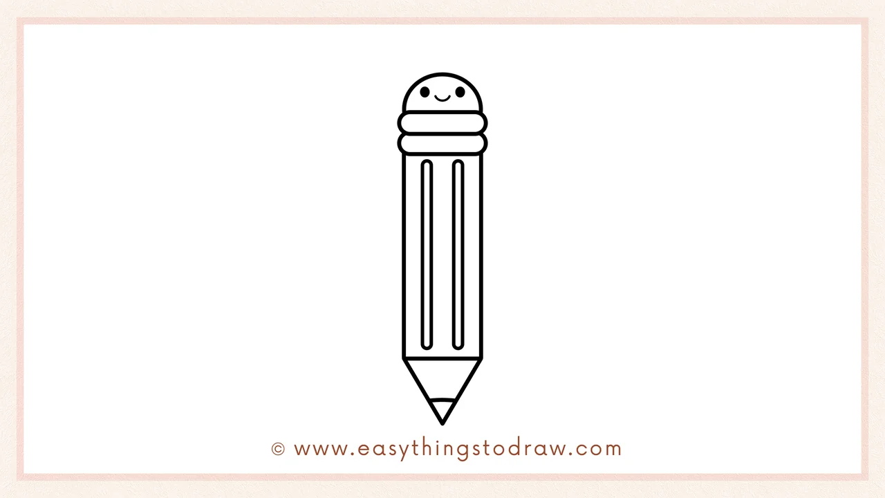 Step 6 of simple pencil drawing tutorial – Add two small eyes and a smile inside the eraser to give the pencil a happy face.