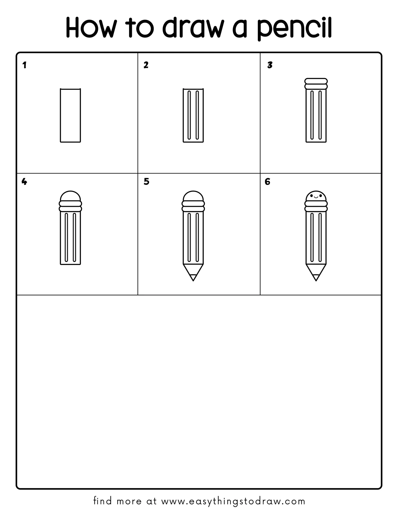 Step-by-step drawing tutorial showing how to draw a cute pencil in 6 easy steps for kids and beginners.