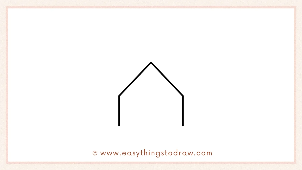 Step 1 of how to draw a school building – Drawing a wide triangle on two vertical lines for the school's top roof.