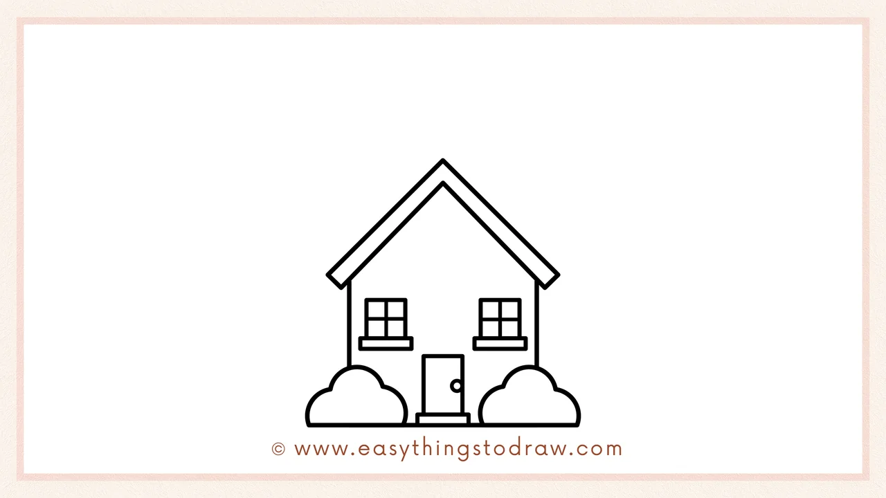Step 3 of sketching a school building for beginners – Drawing a rectangle for the front wall with two square windows and a central door.