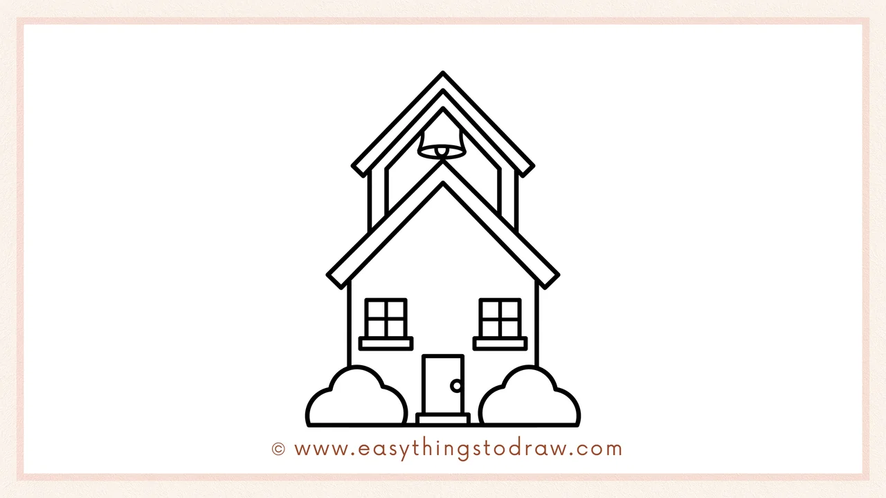 Step 5 of easy school building drawing steps – Adding a small triangle under the upper roof and sketching a bell shape inside it.