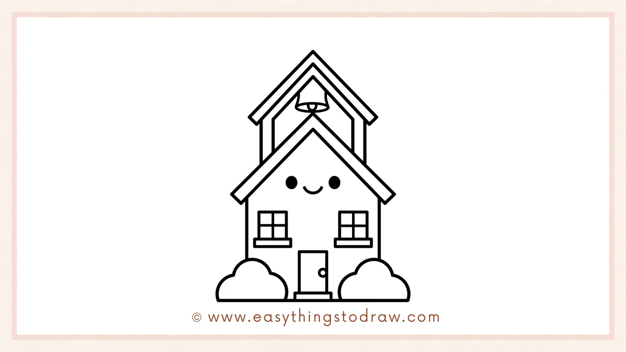 Step 6 of simple school building drawing tutorial – Drawing two tiny eyes and a smiling mouth under the top roof to give the school a happy face.