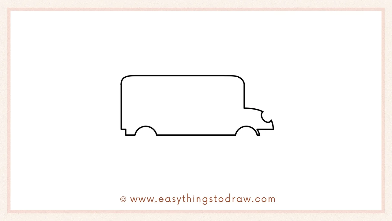 Step 1 of how to draw a school bus – Outlining the bus's long rectangular body with a curved top and a bump for the hood.
