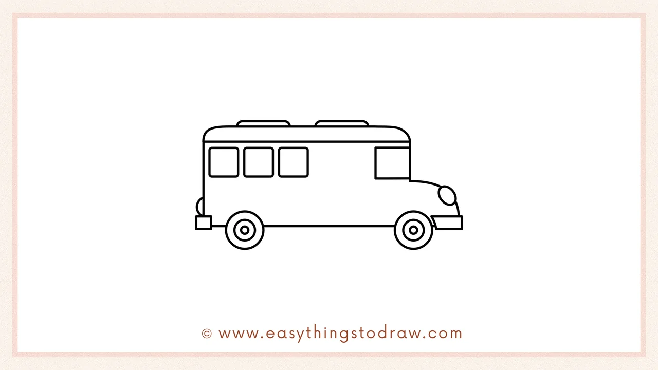 Step 3 of sketching a school bus for beginners – Drawing square windows along the side and small rectangular roof vents.
