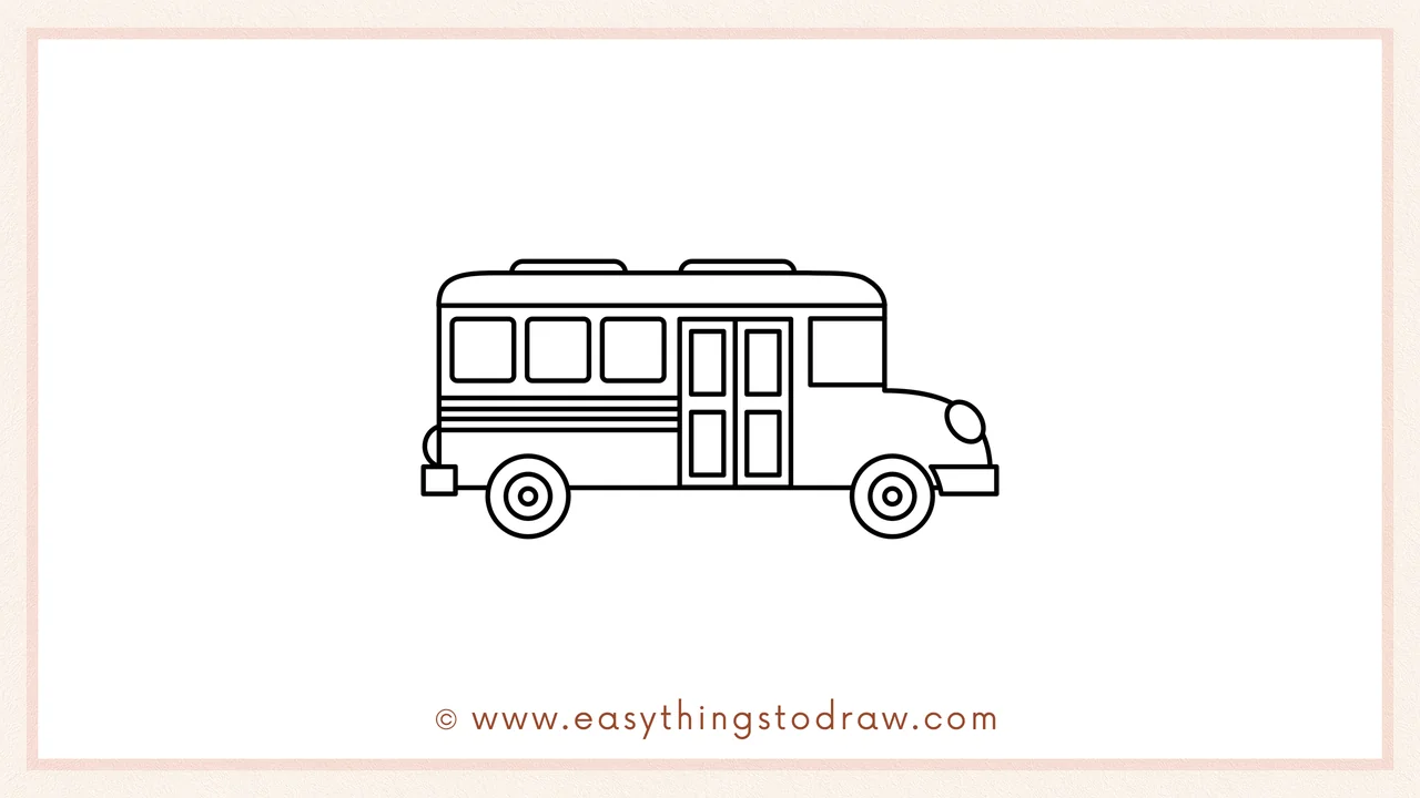 Step 4 of step-by-step school bus sketch – Sketching two tall rectangular doors and two long signature stripes on the side.