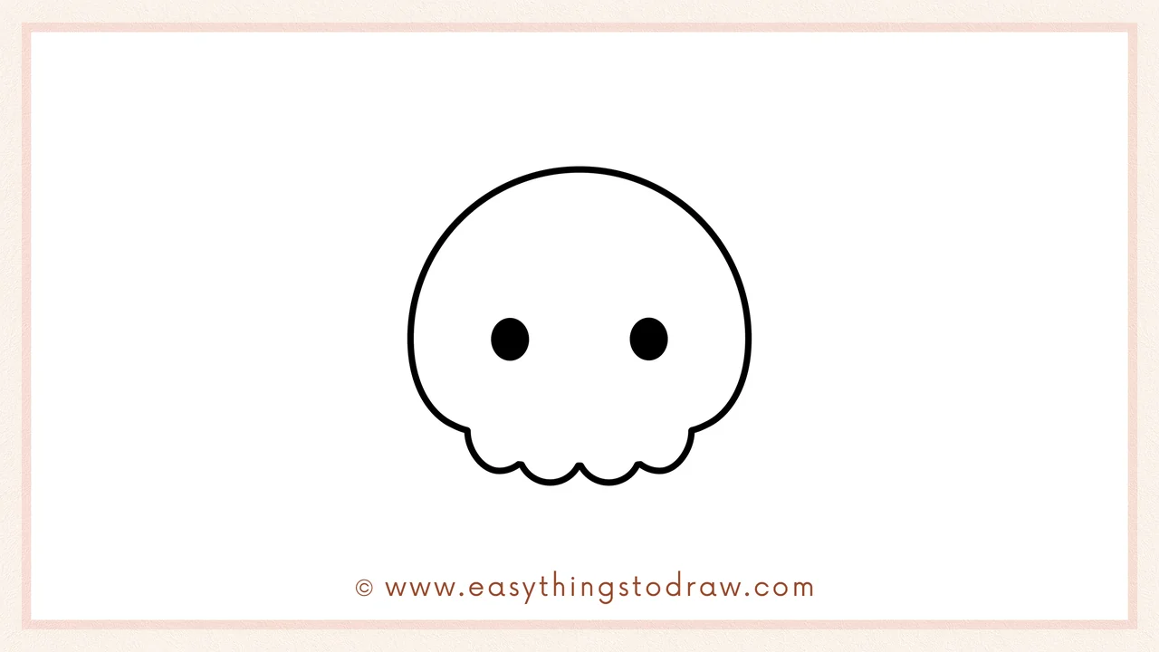 Step 6 of simple skull drawing tutorial – Adding two solid black circles in the middle of the face for the skull's adorable eyes.