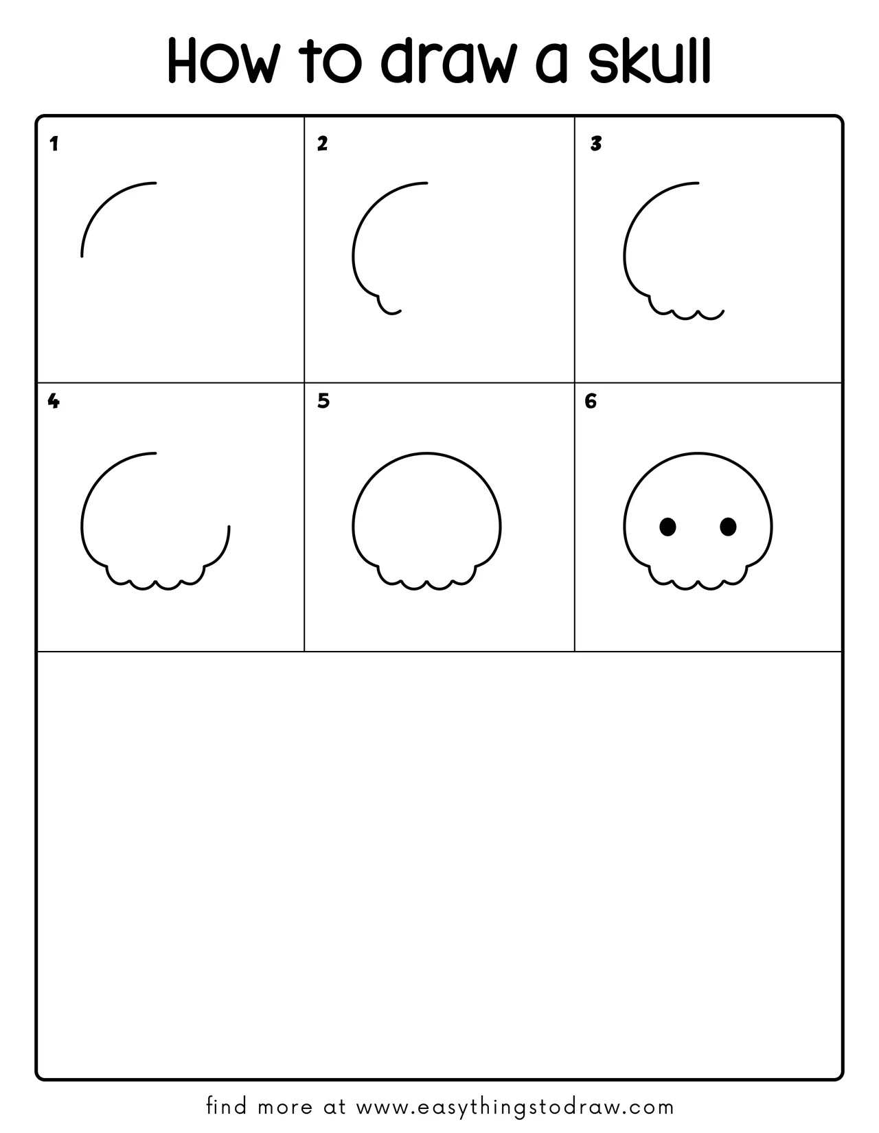 Step-by-step drawing tutorial showing how to draw a skull in 6 steps for kids and beginners.