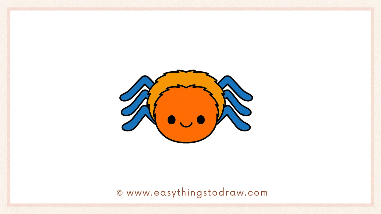 Final colored drawing of a cute and fuzzy Halloween spider with a friendly smile, eight legs, and vibrant colors.