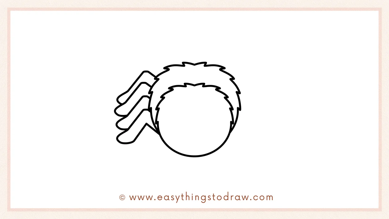 Step 4 of step-by-step spider sketch – drawing four bent, chunky legs extending from the left side of the spider's body.