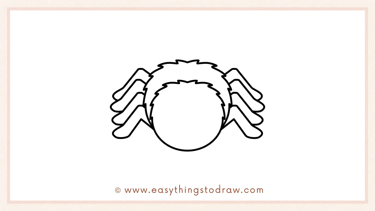 Step 5 of easy spider drawing steps – adding four matching bent legs on the right side to complete all eight spider legs.