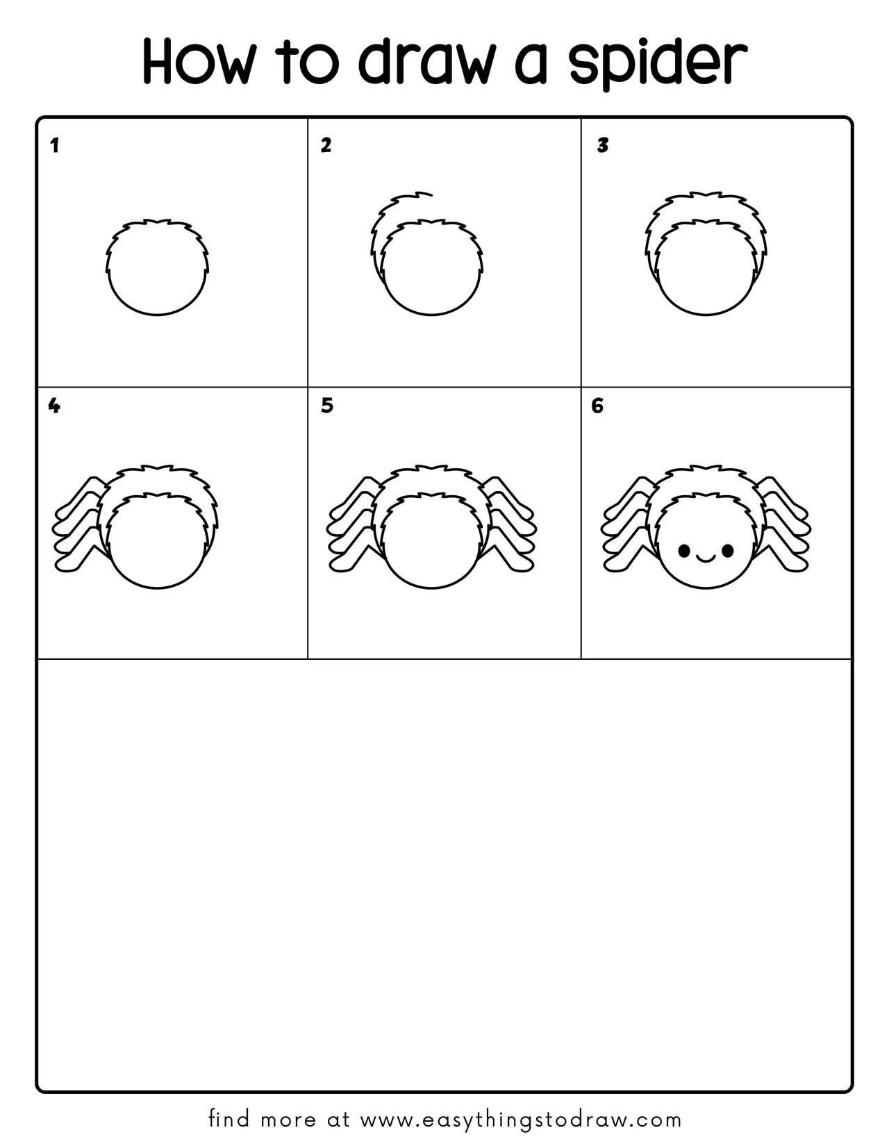 Step-by-step drawing tutorial showing how to draw a cute spider in 6 easy steps, perfect for kids and beginners.