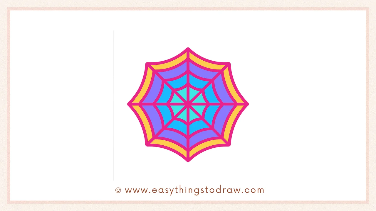 Final colored drawing of a cute Halloween spider web with a friendly smiling face, perfect for kids' art projects.