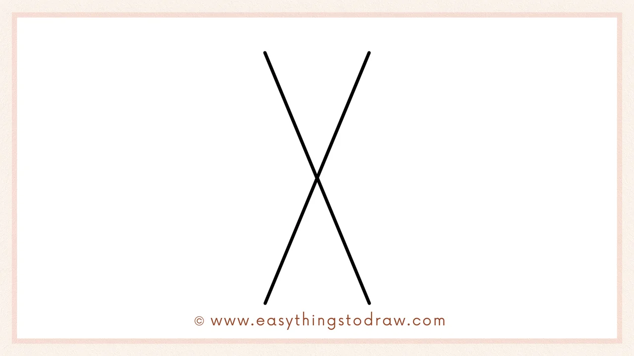 Step 1 of how to draw a spider web – Begin by drawing two long diagonal lines crossing to form a large 'X' as the web's base.