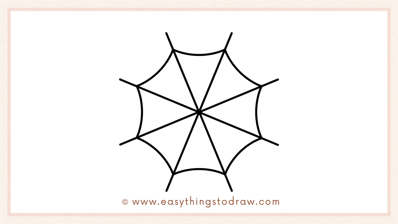 Step 3 of sketching a spider web for beginners – Connect the outer ends of the spokes with curved lines, forming the web's wavy edge.