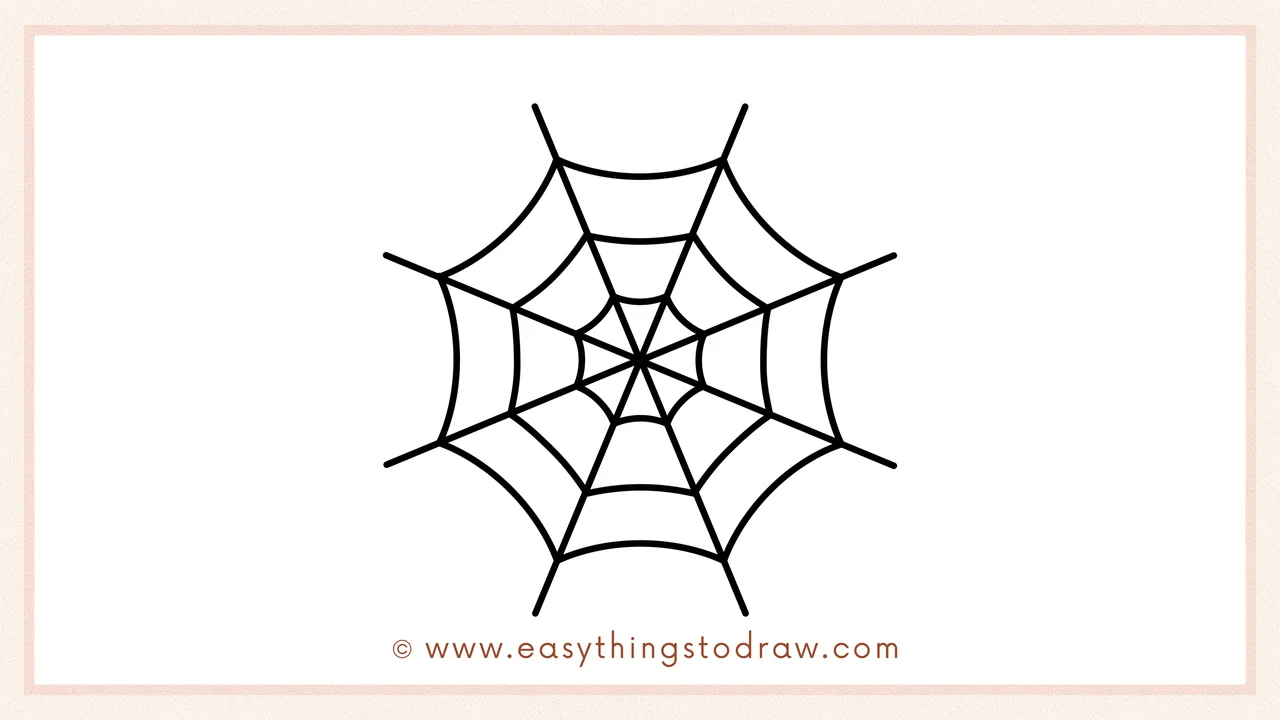 Step 5 of easy spider web drawing steps – Add a third, even smaller ring of curved lines near the web's center.