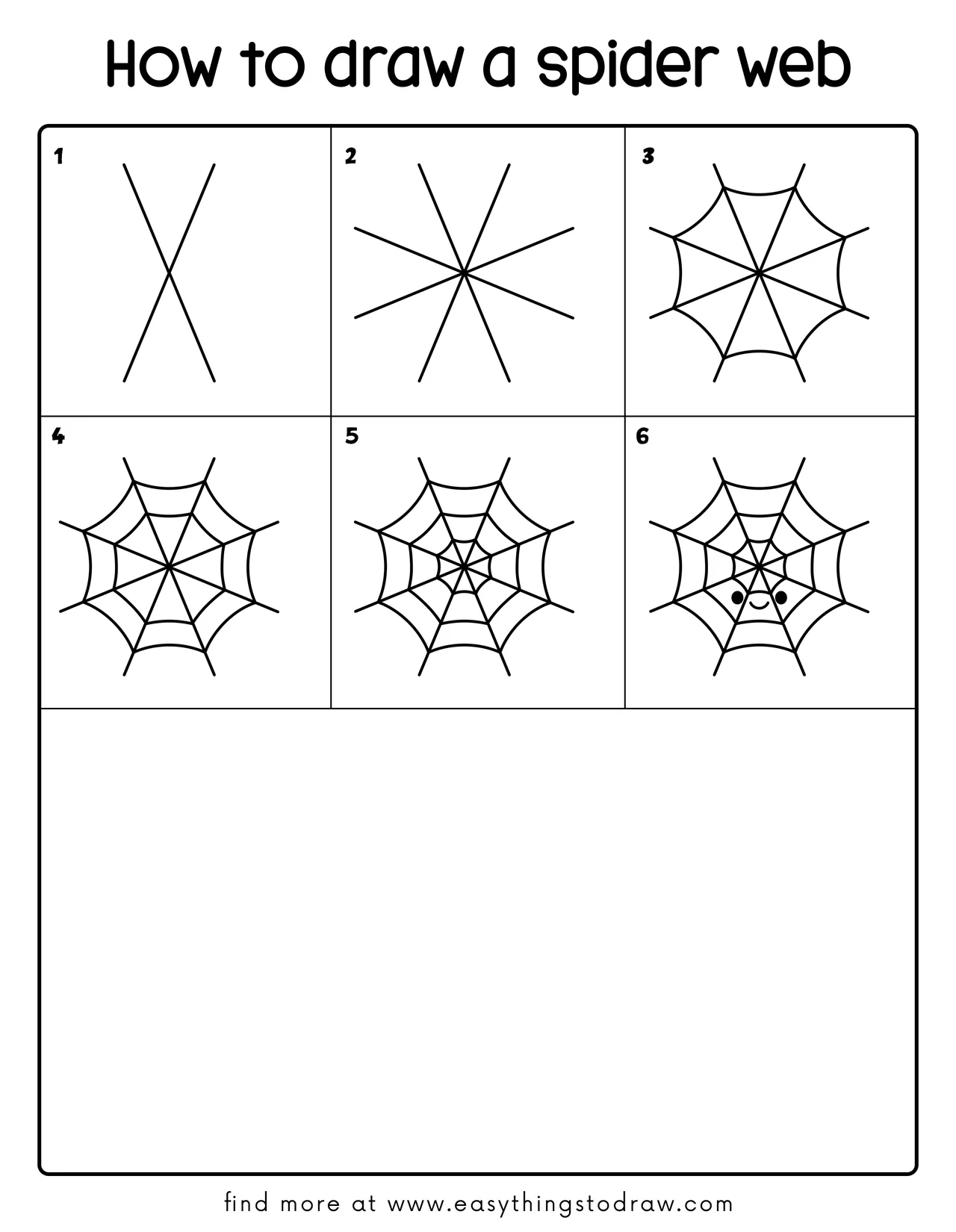 Step-by-step drawing tutorial showing how to draw a cute spider web in 6 easy steps for kids and beginners.